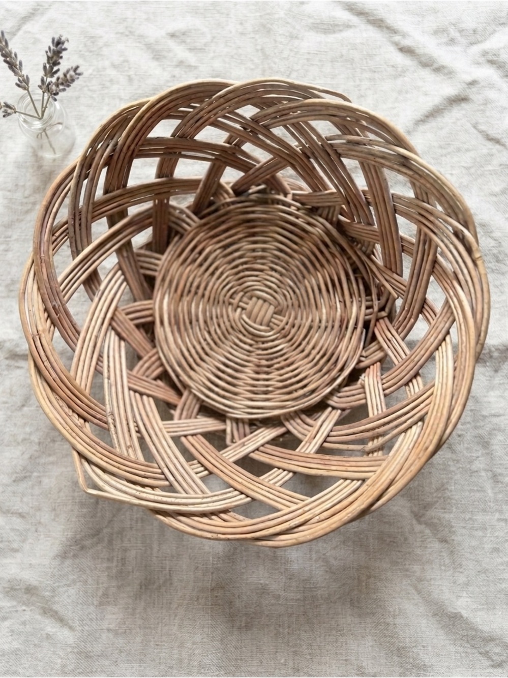 Vintage Polish Woven Rattan Wicker Basket | Medium Boho Round Bowl | Handmade